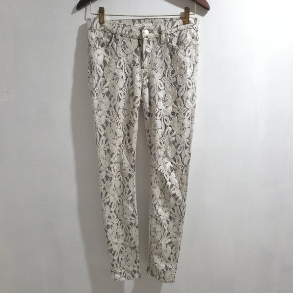 7 For All Mankind | Women's Cream And Gold Tone Lace Pattern Pant - Picture 2 of 12